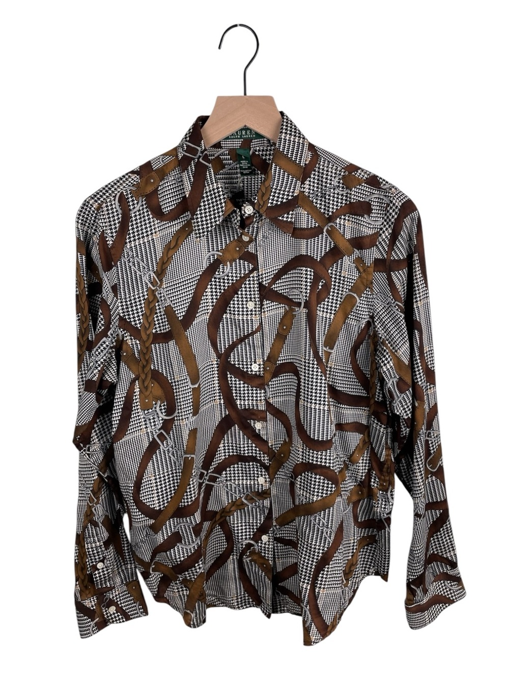 Lauren Ralph Lauren Women's Button Down Shirt Large Equestrian Houndstooth Print